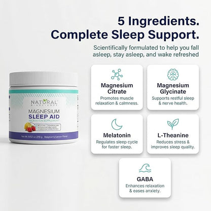 Magnesium Sleep Night Time Powder - Magnesium Citrate, Magnesium Glycinate with Melatonin, L-Theanine and GABA Sleep Aid, Natural Sleep Supplement, Vegan, Gluten-Free, Raspberry Lemon Flavor