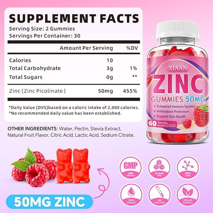 Zinc Gummies for Kids & Adults, Chewable Zinc Supplements for Women & Men Supports Immune System & Cellular Health & Antioxidant Protection, Vegan/Sugar-Free, Raspberry Flavor 120 Count