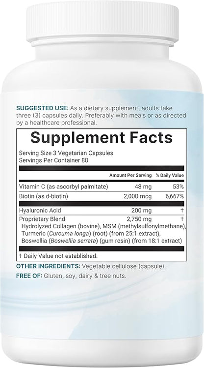 Micro Ingredients Hyaluronic Acid Complex, 240 Vegetarian Capsules | with Collagen, MSM, Vitamin C, Biotin, Turmeric & Boswellia | Non-GMO, Filler-Free, cGMP Manufactured & Lab Tested