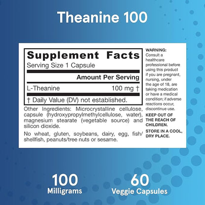 Jarrow Formulas® Regular Strength Theanine 100 mg, Dietary Supplement, 60 Capsules, 60 Day Supply