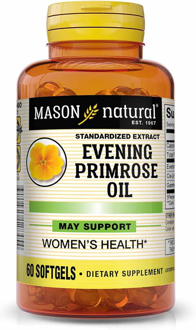 MASON NATURAL Evening Primrose Oil 1000 mg, Hormonal Balance & Skin Support for Women, Rich in Omega,6 GLA & LA, PMS & Menopause Relief Supplement, 60 Softgels