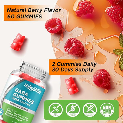 GABA Gummies, Sugar-Free Stress Relief Gummies for Adults, High-Potency GABA L-theanine Supplement with Magnesium, Ashwagandha, 5-HTP & Vitamin B6 for Zzz & Brain Health, Vegan, 60