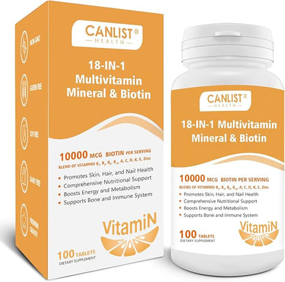 Hair Skin and Nails Multi-Vitamin for Men & Women, 10000mcg Biotin & Multimineral, Contains B-Vitamins, Vitamins C, E & D3, Trace Minerals, Zinc, Gluten-Free, Dairy-Free, Soy-Free, 100 Tablets