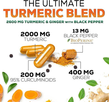 Turmeric Curcumin Supplement - 2000mg Organic Turmeric Per Serving - 95% Curcuminoids, Ginger & BioPerine Black Pepper for Best Absorption - Natural Vegan Joint Support, Bottled in USA - 120 Capsules