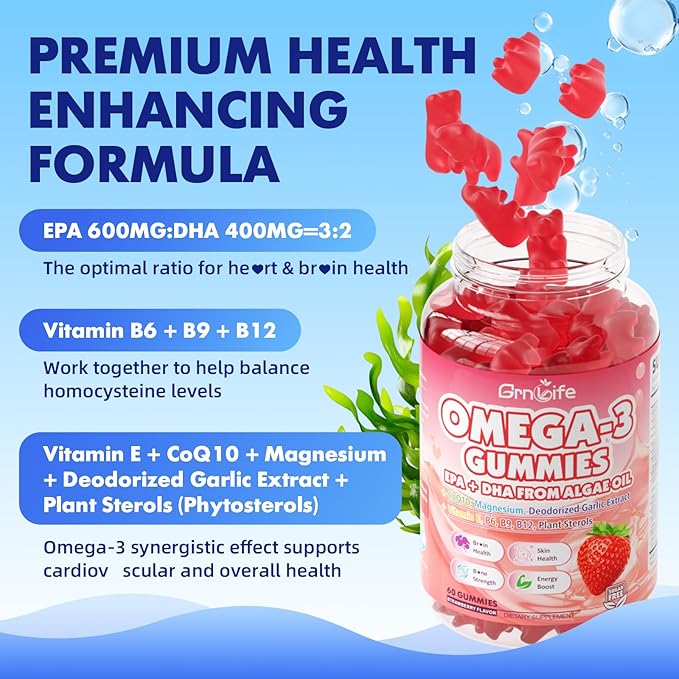 Vegan Omega 3 Gummies 1000mg + CoQ10 + Magnesium - w/Algae EPA 600mg & DHA 400mg, Fish Oil Omega-3 Supplements Alternative for Adults, for Brain, Eye, Immune Health, Strawberry Flavor, 60 Count