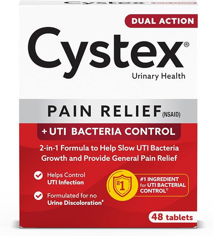 Cystex Dual-Action UTI Pain Relief & Prevention Tablets - 2-in-1 Formula Relieves Burning, Urgency, & Discomfort While Slowing Bacterial Growth - Non-Staining, Fast-Acting - 48-Count
