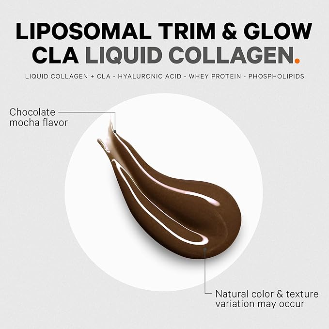 Codeage Liquid Collagen Supplement Chocolate Flavor, Beauty Trim & Glow Liposomal Collagen Peptides, CLA Conjugated Linoleic Acid, Hyaluronic Acid, Vitamin E, Hydrolyzed, Non-GMO, 15.22 fl oz