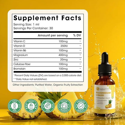 M inch Magnesium Glycinate Liquid, High Absorption Magnesium Liquid Drops with Cellulose Fiber, Bromelain, Vitamin B6, C, D, Zinc, Magnesium Supplement for Kids and Adults, Pineapple Flavor, 2 Pack