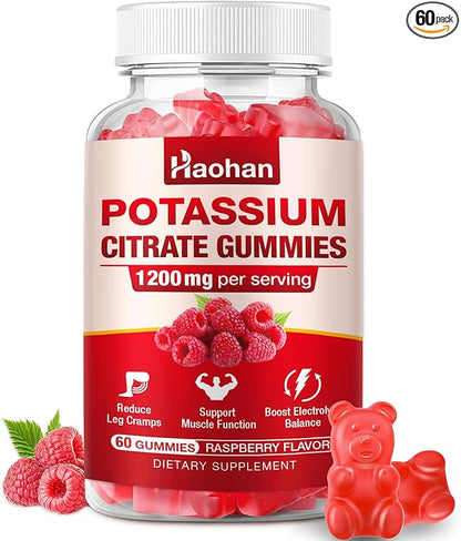 Potassium Citrate Gummies 1200mg - Chewable Supplement to Support Muscle Health & Relieve Leg Cramps for Men & Women. Vegan, Gluten-Free, Sugar-Free, Raspberry Flavor, 60 Count