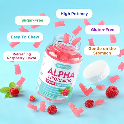 MEENCCD Alpha Lipoic Acid Gummies 600mg - ALA Supplement for Antioxidant Support, Vegan, Sugar-Free, Raspberry Flavor, 60 Count