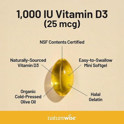 NatureWise Vitamin D3 1000iu (25 mcg) 1-Year Supply for Immune Support, Healthy Muscle Function, and Bone Health - Non-GMO, Gluten Free in Organic Extra Virgin Olive Oil, (Mini Softgel), 360 Count