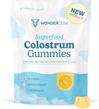 WONDERCOW Colostrum Gummies for Gut Health, Immune Support & Wellness | Natural IgG Whole Bovine Colostrum Supplement, 1,000mg per Serving (90 Gummies (30 Servings), Vanilla Cream)