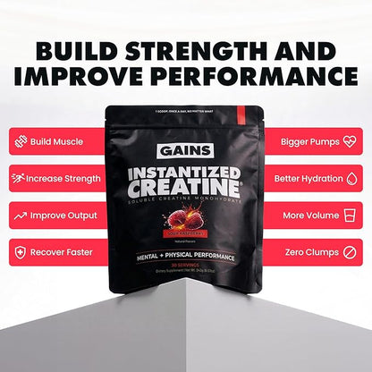 Gains in Bulk Instantized Creatine Monohydrate for Men & Women, Soluble Pre Workout Powder, Supports Muscle Building, Strength and Performance, Bodybuilding Supplements, Sour Raspberry, 30 Servings