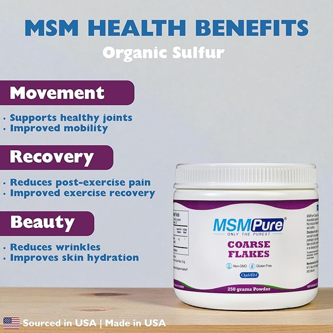 KALA HEALTH MSMPure Coarse MSM Powder Flakes – US-Made MSM for Joint Health, Skin Appearance, and Hair & Nail Support – 8.8 oz, Organic Sulfur