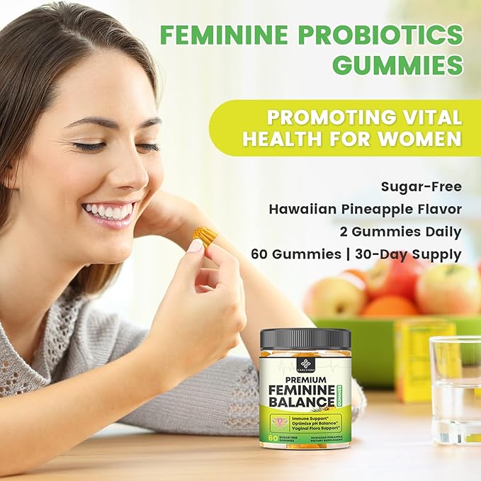 Feminine Balance Probiotic Gummies - Women's Vaginal Health Support | PH Balance & Odor, Flora, Immune Support | Probiotics for Women, Vegan Pineapple Flavor, 60 Count
