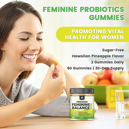 Feminine Balance Probiotic Gummies - Women's Vaginal Health Support | PH Balance & Odor, Flora, Immune Support | Probiotics for Women, Vegan Pineapple Flavor, 60 Count