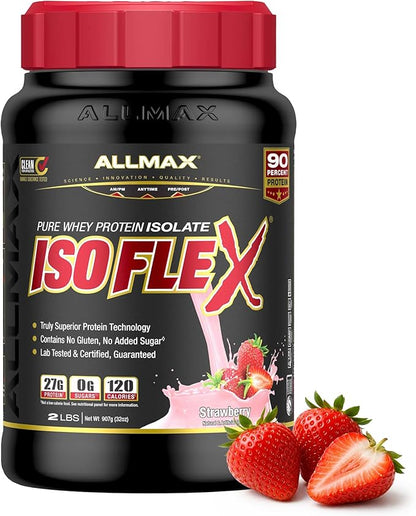 ALLMAX ISOFLEX Pure Whey Isolate Protein Powder - Gluten Free, Low Lactose, Sugar-Free - High-Protein, Clean, Keto-Friendly, Pre Post Workout Supplement for Women and Men | Strawberry, 2lb