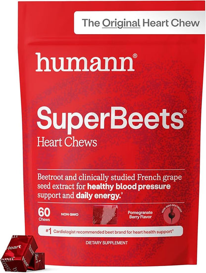 Humann SuperBeets Heart Chews, Beet Root Powder Support Energy Supplement, Nitric Oxide and Blood Pressure Support, Grape Seed Extract & Non-GMO, Heart Health, Pomegranate Berry Flavor, 60 Count