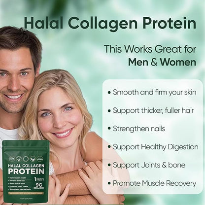 Halal Collagen Protein Powder, Grass-Fed Collagen Peptides Powder, Type I&III, 100% Hydrolyzed for Hair, Skin, Nails, Gut, Bone & Joint Health for Women and Men, Sugar Free, Unflavoured (1)