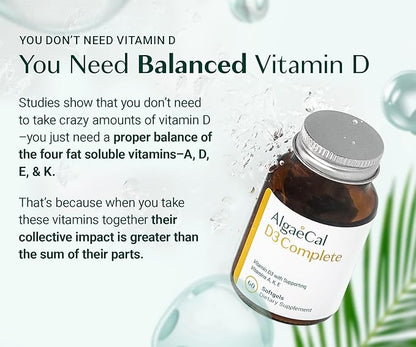 ALGAECAL 4-in-1 Vitamin D3 K2 Complete - ADK Vitamin Supplement, Enhanced Immune Support & Bone Health with D3 K2, A, & E - Whole Body Wellness & Bone Strength, 60 Easy-Swallow Softgels