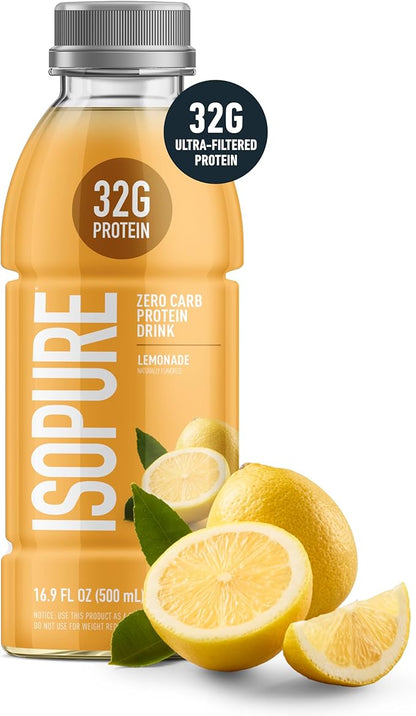Isopure Zero Carb 32g Clear Protein Ready-to-Drink, Whey Protein Isolate, Lemonade, 12 Pack (Packaging May Vary)