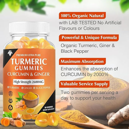 Turmeric Curcumin Gummies (6 Pack) - Turmeric Curcumin Supplements with Ginger & Black Pepper Gummies for Immune Muscle Support Healthy Skin - Vegan, Gluten Free, Low Sugar - for Adults