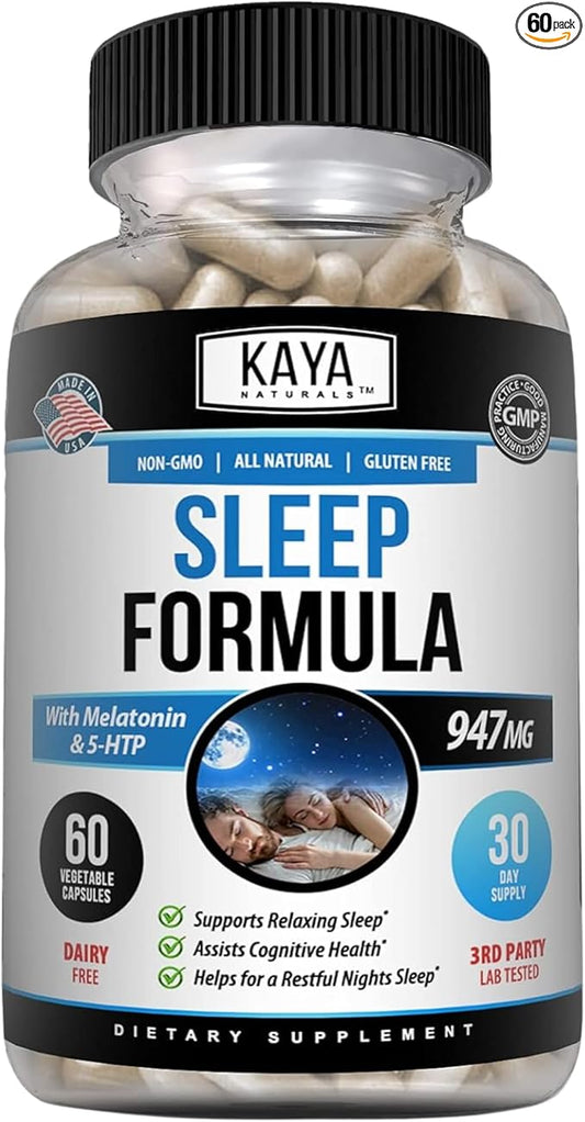 Kaya Naturals - Sleep Support Formula with Melatonin - Aid Support Vitamin Supplement - Sleep Stress and Mood Support - L-Tryptophan, Passion Flower, Ashwagandha and More - 60 Capsules (60 Count)