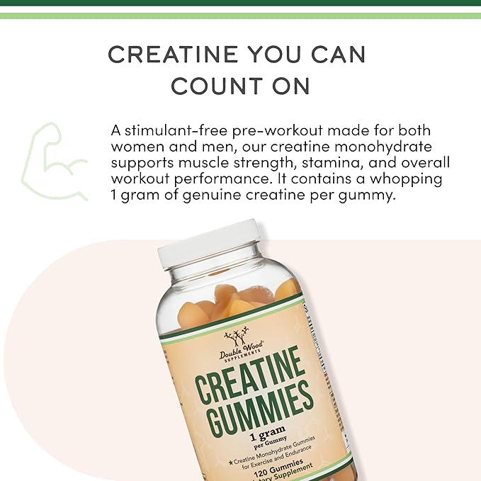 Creatine Monohydrate Gummies - 1g per Serving, 120 Count - No Fillers, Vegan Safe, Non-GMO, Gluten Free by Double Wood