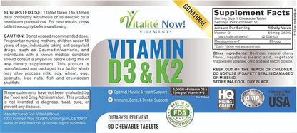 Vitalité Now! Best Vitamin D3 2000 IU + K2 - Optimized Absorption in Best Form MK7 for Lung Health, Strong Bones & Healthy Heart - All Natural - Cherry Flavor - 90 Chewable Tablets - 3 Month Supply!
