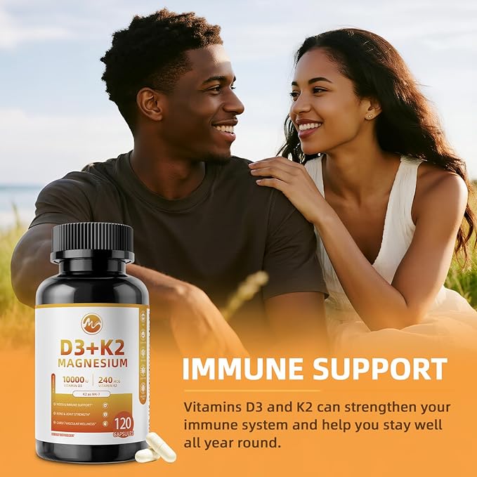M inch Vitamin D3 K2 with Magnesium, Vitamin D3 10000 IU, Vitamin K2 MK-7 240 mcg, 6-in-1 K2 D3 Vitamin Supplement with Quercetin for Bone, Immune & Moo*d Support, Highly Bioavailable, 120 Capsules