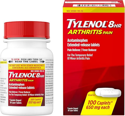 Tylenol 8HR Arthritis Pain Relief Caplets, Fast, Strong Pain Relief, 650 mg Acetaminophen for Minor Arthritis & Joint Pain, Fever Reducer, Extended Release, Won't Irritate Stomach, 100 Count
