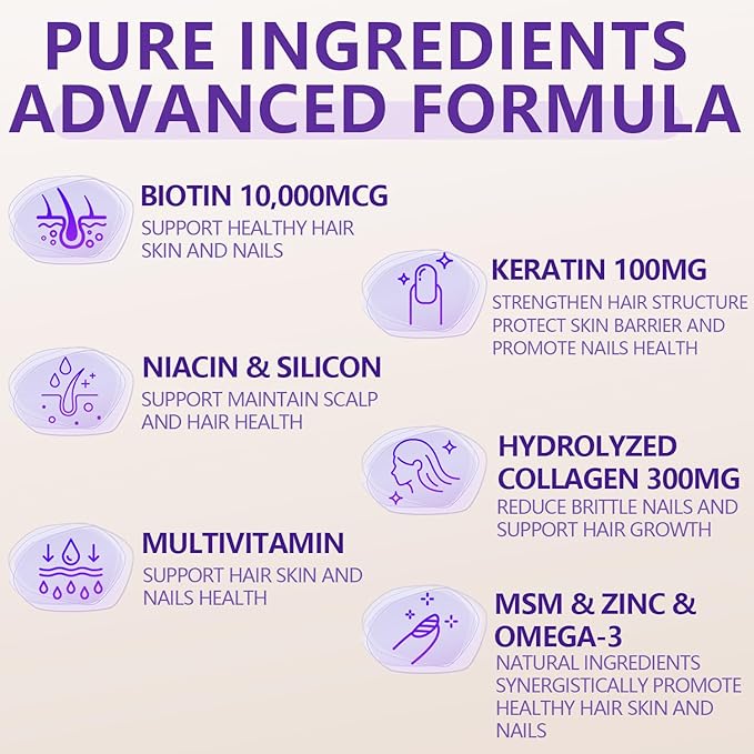 Hair Growth Multivitamins Gummies Sugar Free Biotin Gummies 10000mcg with Collagen, Keratin, Silicon, MSM & Omega-3 Vegan Hair Growth Supplement for Women - 120 Gummies - 60 Servings