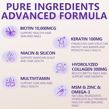 Hair Growth Multivitamins Gummies Sugar Free Biotin Gummies 10000mcg with Collagen, Keratin, Silicon, MSM & Omega-3 Vegan Hair Growth Supplement for Women - 120 Gummies - 60 Servings