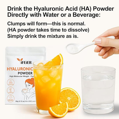 iFEiER Pure Hyaluronic Acid Powder | Food Grade Hyaluronic Acid Supplements | 60g(2.12oz) | HMW LMW High Molecular Weight Hyaluronic Acid Powder| Skin Hydration and Joint Lubrication