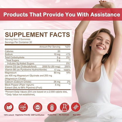 Magnesium Glycinate Gummies 400mg Sugar Free: Calm Magnesium Supplement for Women & Men, Sleep Support, Muscle & Bone Health Complex with Vitamin D3 B6 Calcium, Chewable Strawberry Gummy for Adults