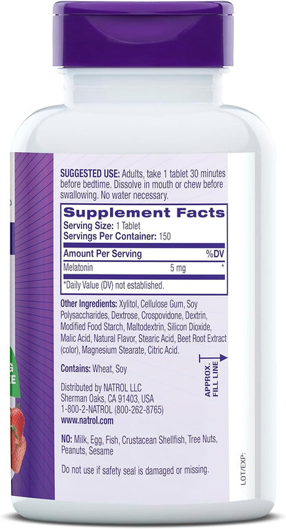 Natrol Melatonin 5mg Fast Dissolve Tablets, Sleep Support Supplements for Adults, Strawberry Flavor, 150 Tablets, Up to 150 Day Supply