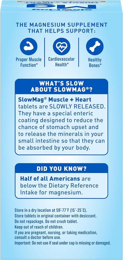 SlowMag Muscle & Heart Magnesium Chloride Supplement with Calcium, 120 Count, Supports Muscle Relaxation, Heart, Nerve & Bone Health, High Absorption