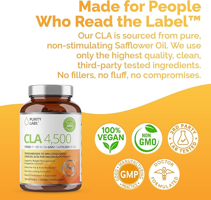 Purity Labs CLA Supplements 4500MG - Non-GMO Safflower Oil - Supports Energy, Weight Loss, Heart Health, and Muscle Health - 180 Soft gels