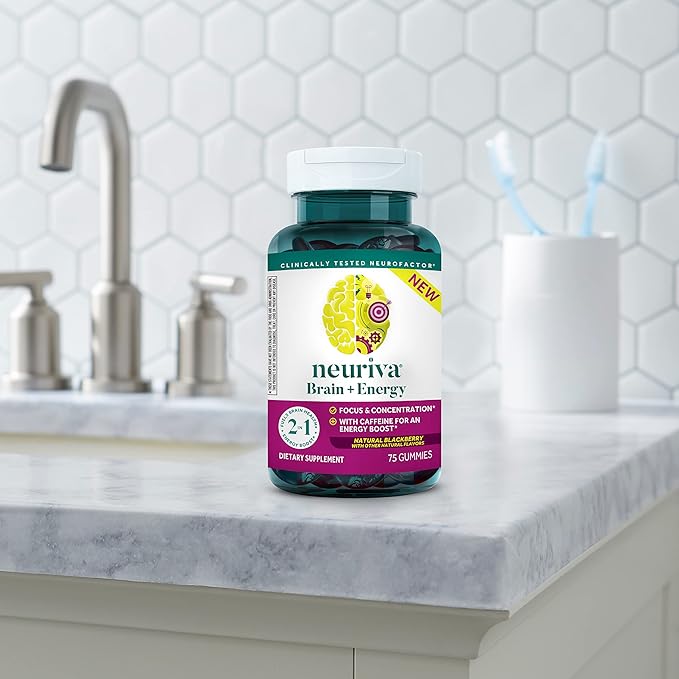 NEURIVA Brain + Energy Gummies, Nootropic Brain Supplements for Focus and Concentration with Neurofactor, Vitamin B12 & Caffeine for an Energy Boost*, 75ct Natural BlackBerry, (Pack of 2)