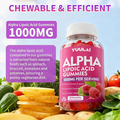Alpha Lipoic Acid Gummies 1000MG with Biotin, High Absorption Chewable ALA Supplement for Antioxidant, Brain Health and Nerve Support, Raspberry Flavor, 60 Count