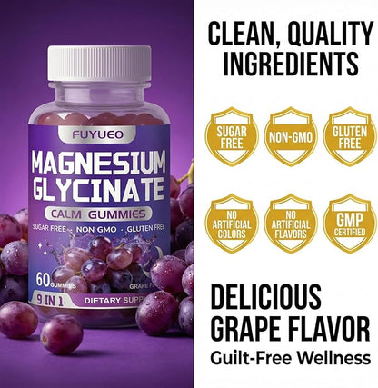 Magnesium Glycinate Gummies, Sugar Free, High Absorption, Gentle on Stomach, Chewable, Grape Flavor, 60 Count (Pack of 1)