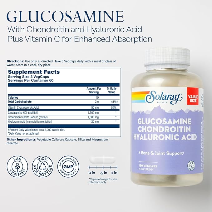 SOLARAY Glucosamine Chondroitin Hyaluronic Acid, Healthy Bone and Joint Support Supplement Plus Vitamin C for Enhanced Absorption, Lab Verified, 60-Day Guarantee, 60 Servings, 180 VegCaps