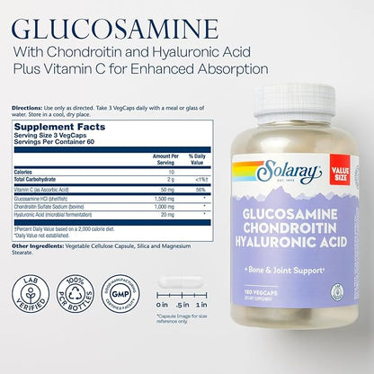 SOLARAY Glucosamine Chondroitin Hyaluronic Acid, Healthy Bone and Joint Support Supplement Plus Vitamin C for Enhanced Absorption, Lab Verified, 60-Day Guarantee, 60 Servings, 180 VegCaps