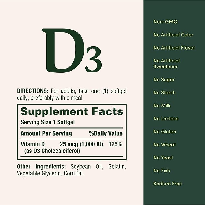 Nature's Bounty Vitamin D3 1000 IU Softgels,Immune Support,Promotes Healthy Bones,1 Softgel per Day,Gluten Free,350 Count (Pack of 2)