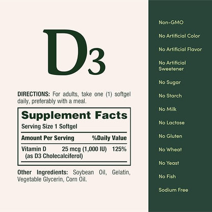 Nature's Bounty Vitamin D3 1000 IU Softgels, Immune Support, Promotes Healthy Bones, 1 Softgel per Day, Gluten Free, 350 Count