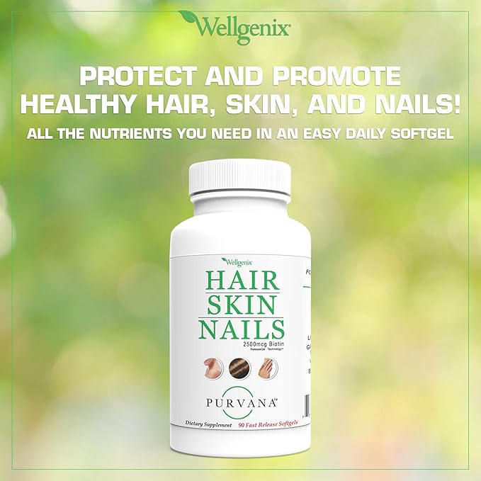 Wellgenix Purvana Hair Skin and Nails Supplement – 2500mcg Biotin Softgels with MSM & B-Complex – Daily Beauty Support for Stronger Nails & Hair Vitality – 90 Softgels