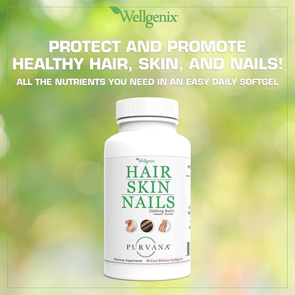 Wellgenix Purvana Hair Skin and Nails Supplement – 2500mcg Biotin Softgels with MSM & B-Complex – Daily Beauty Support for Stronger Nails & Hair Vitality – 90 Softgels