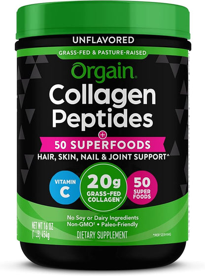 Orgain Hydrolyzed Collagen Powder + 50 Organic Superfoods For Women & Men, 20g Grass Fed Collagen with Vitamin C, Unflavored - Hair, Skin, Nail, & Joint Support Supplement, Non-GMO, Type I & III, 1lb