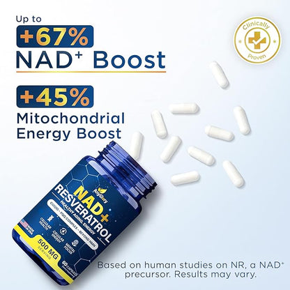 NAD+ Supplement with 500mg NR, Resveratrol, CoQ10, PQQ- 5-in-1 NAD Formula |NMN Supplement Alternative|NAD Resveratrol Support Cellular Energy & Healthy Aging-Made in USA-60 Capsules