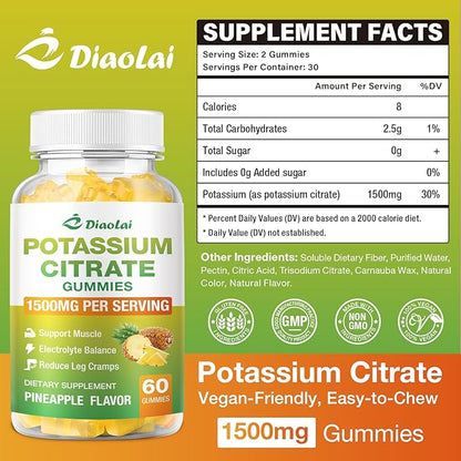 Potassium Citrate 1500mg Gummies - Potassium Supplement for Women & Men, Supports Leg Cramp Relief & Muscle Health, Vegan, Pineapple Flavor (60 Count)